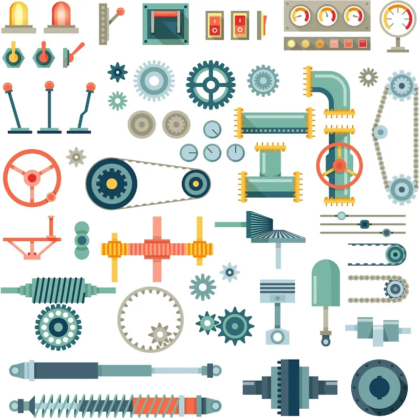 Illustrated plate of mechanical components — gears, chains, gauges and dampers