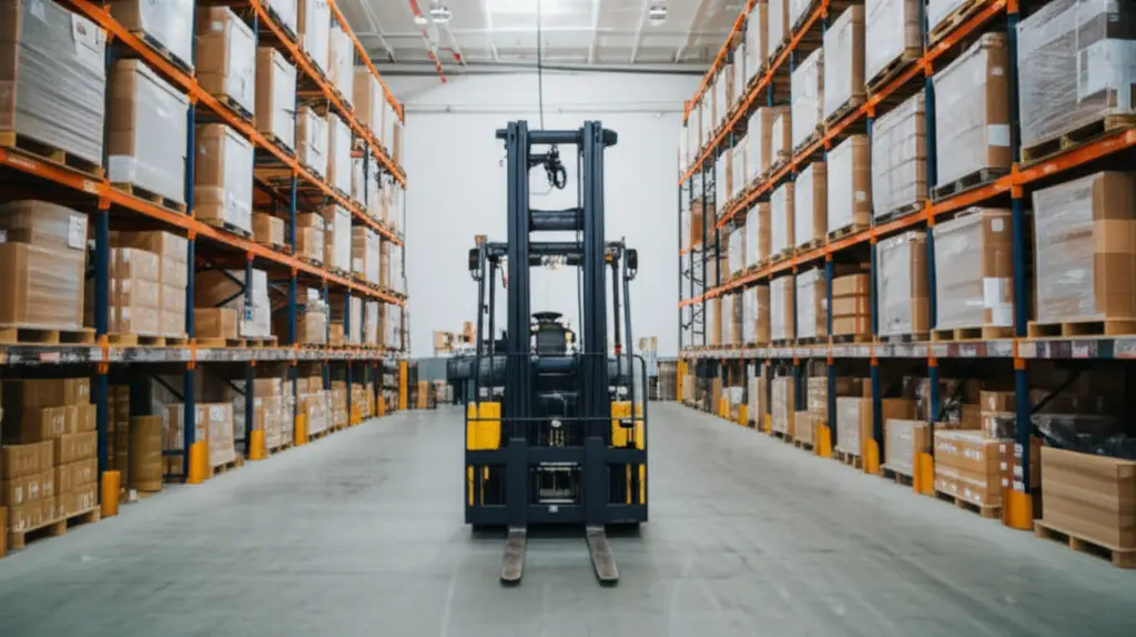 Forklift parked in the central aisle of a stocked warehouse