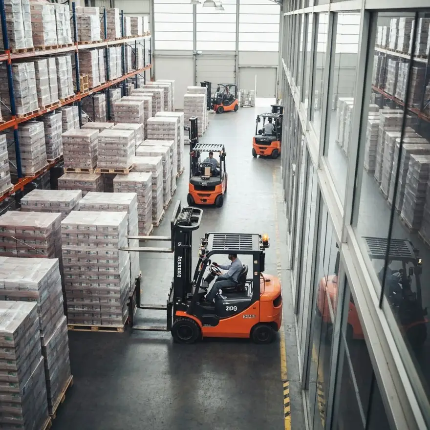Counterbalance forklifts moving pallets along a warehouse aisle