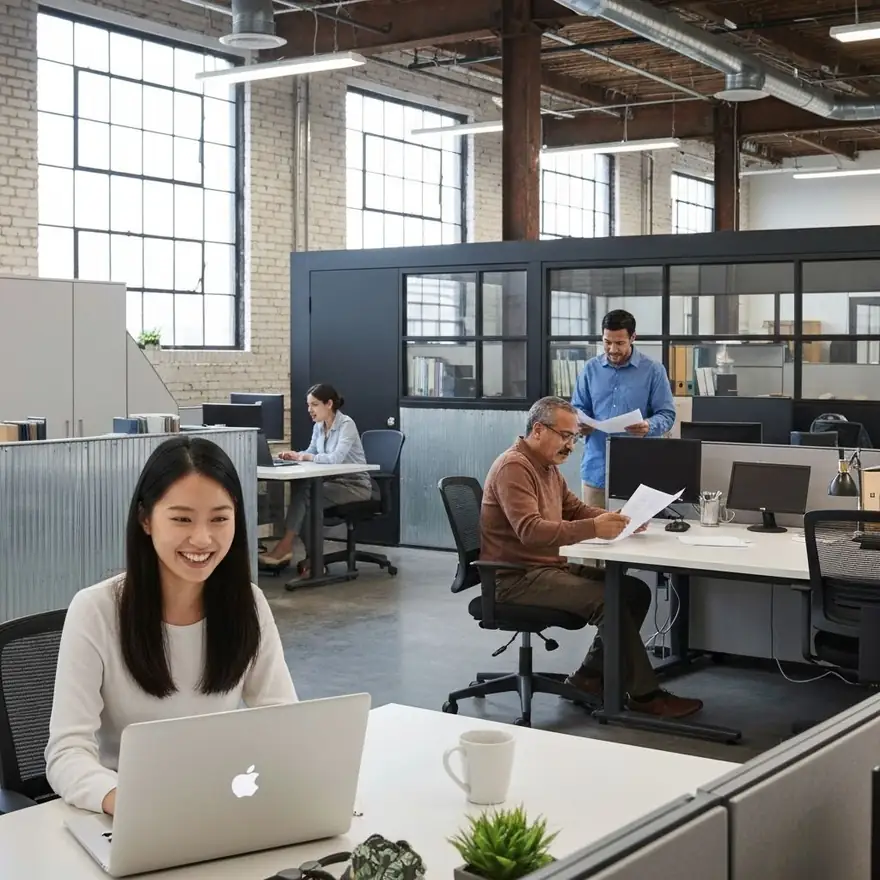 Team members working at desks in an open-plan office