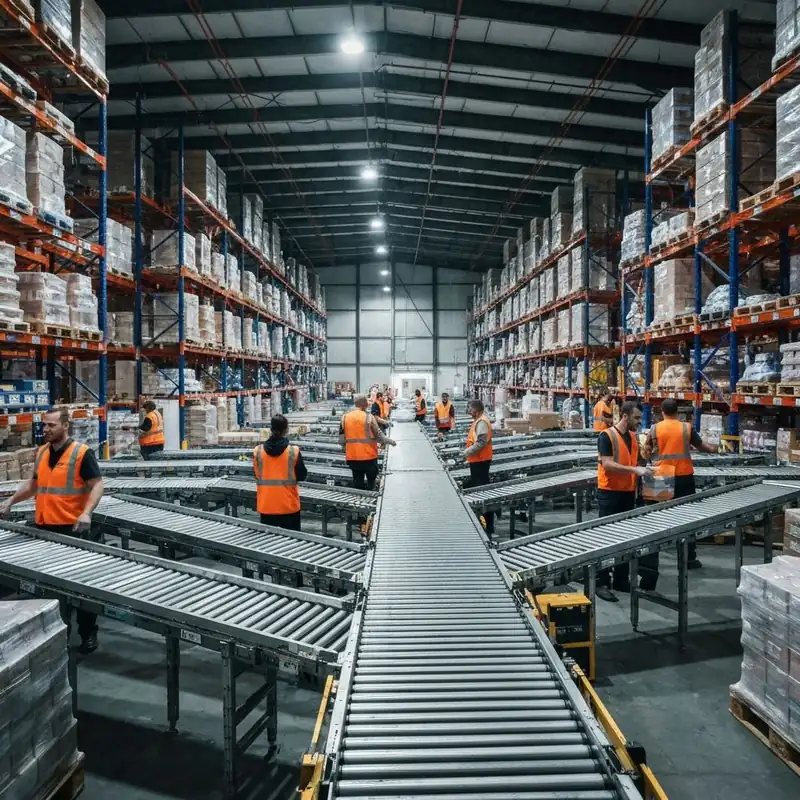 Warehouse team working alongside a conveyor line